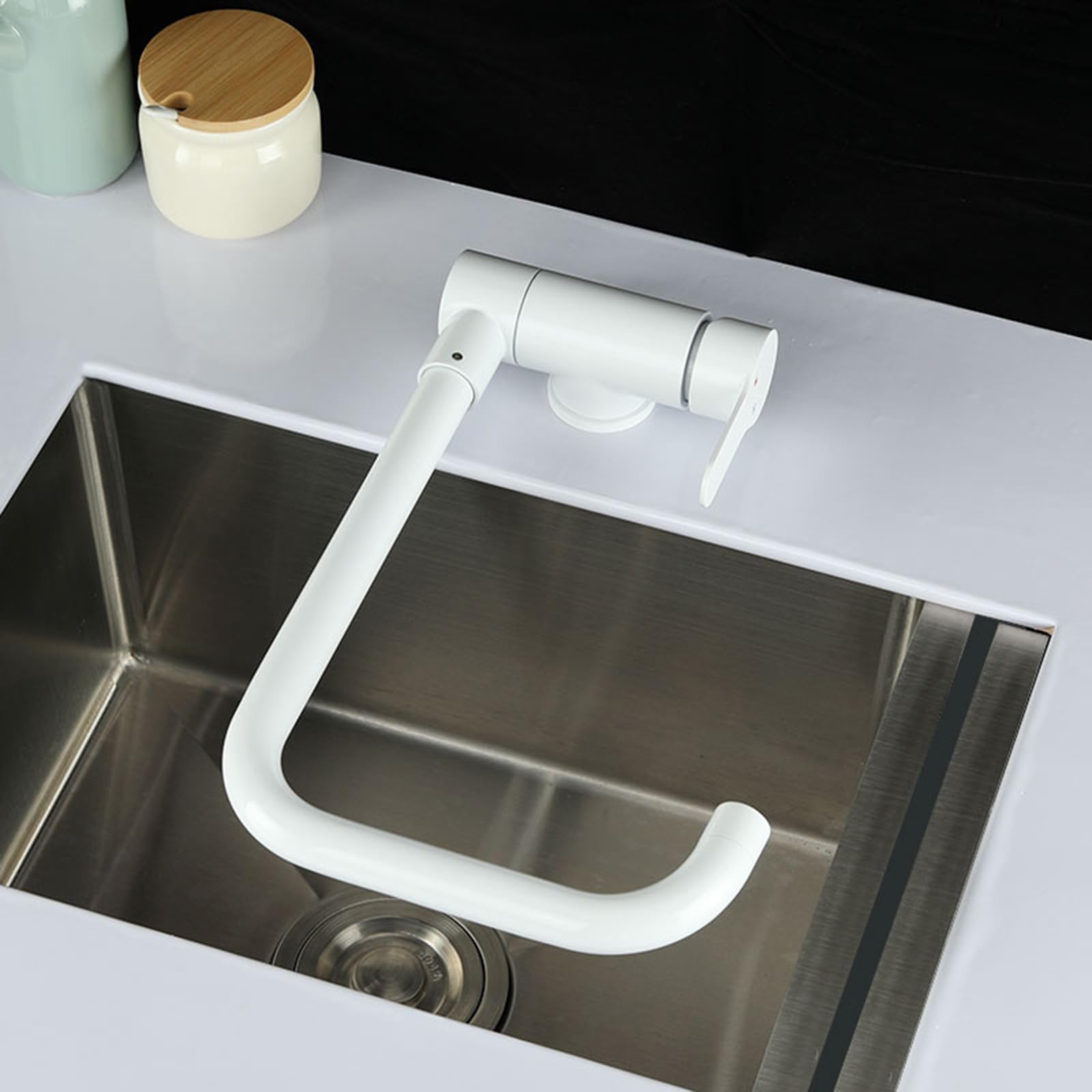 XJTNLB Grifo Cocina Abatible Blanco Grifos Cocina Fregadero Bajo Ventana Grifo Monomando de Cocina Plegable y Rotacion 360º-A