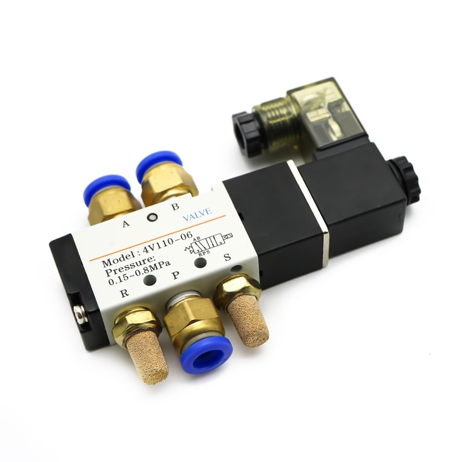 4V110-06 Electroválvula neumática de 1/8 pulgadas Válvula de 5 vías Puerto 2 Posiciones Válvulas magnéticas eléctricas Aire Gas DC12V 24V 110V220V Volt Bobina(LED W 8mm Fittings,DC 12V)