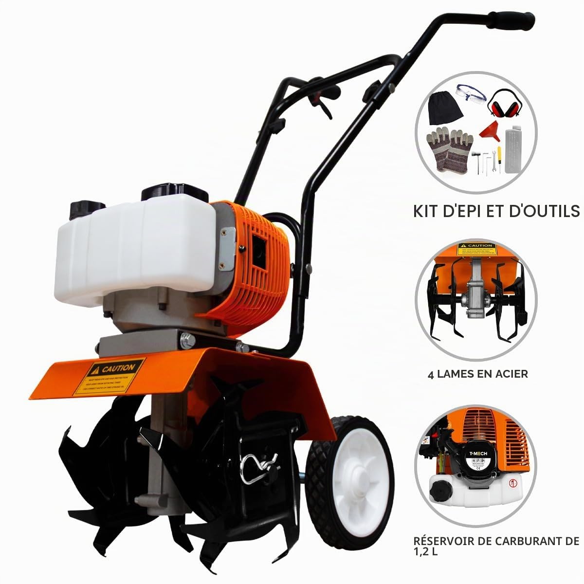 Cultivateur de jardin à essence 52 cc | 4 lames en acier | Réservoir de 1,2 l | Design léger et sans câble | Kit outils + gants et lunettes + protections de jambes et d'oreilles + Entonnoir gratuit