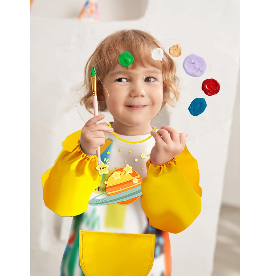 LXOrdora Kids Art Apron Waterproof Smock Long Sleeved Planet M, Fit Height 80-100cm - Image 2