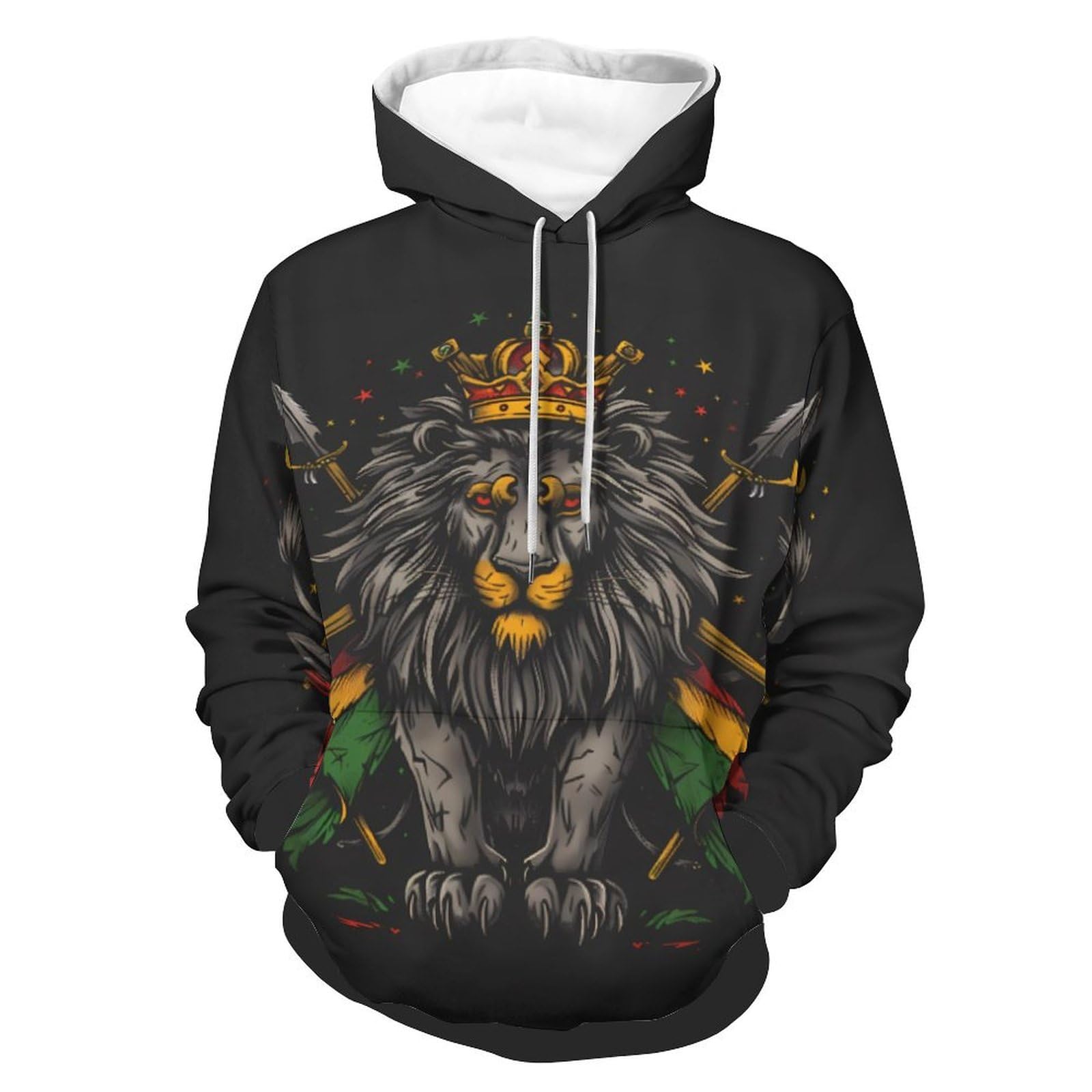 FWJZDSP Lion Flag Reggae Rastafarian Rasta Adult Pullover Hoodies Long Sleeve Sweatshirt Casual Tops with Pockets for Women Men Black