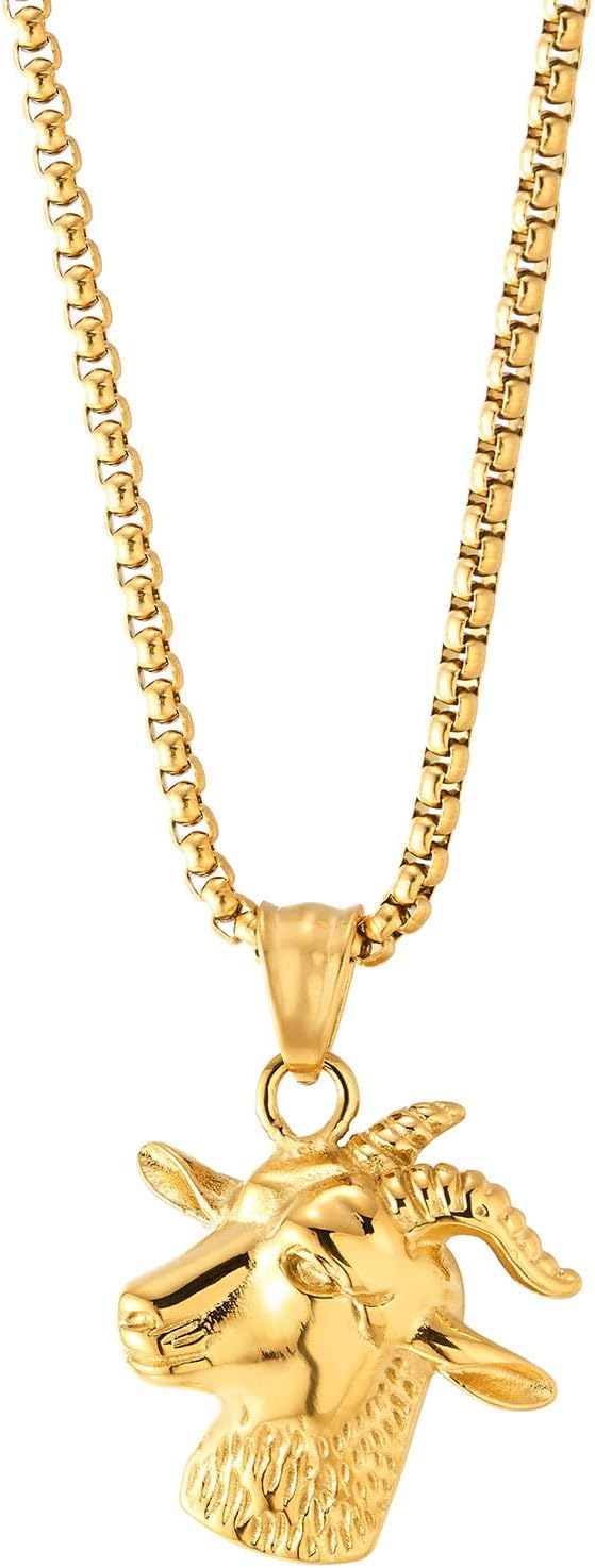 COOLSTEELANDBEYOND Stainless Steel Vintage Goat Pendant Necklace for Men, Wheat Chain