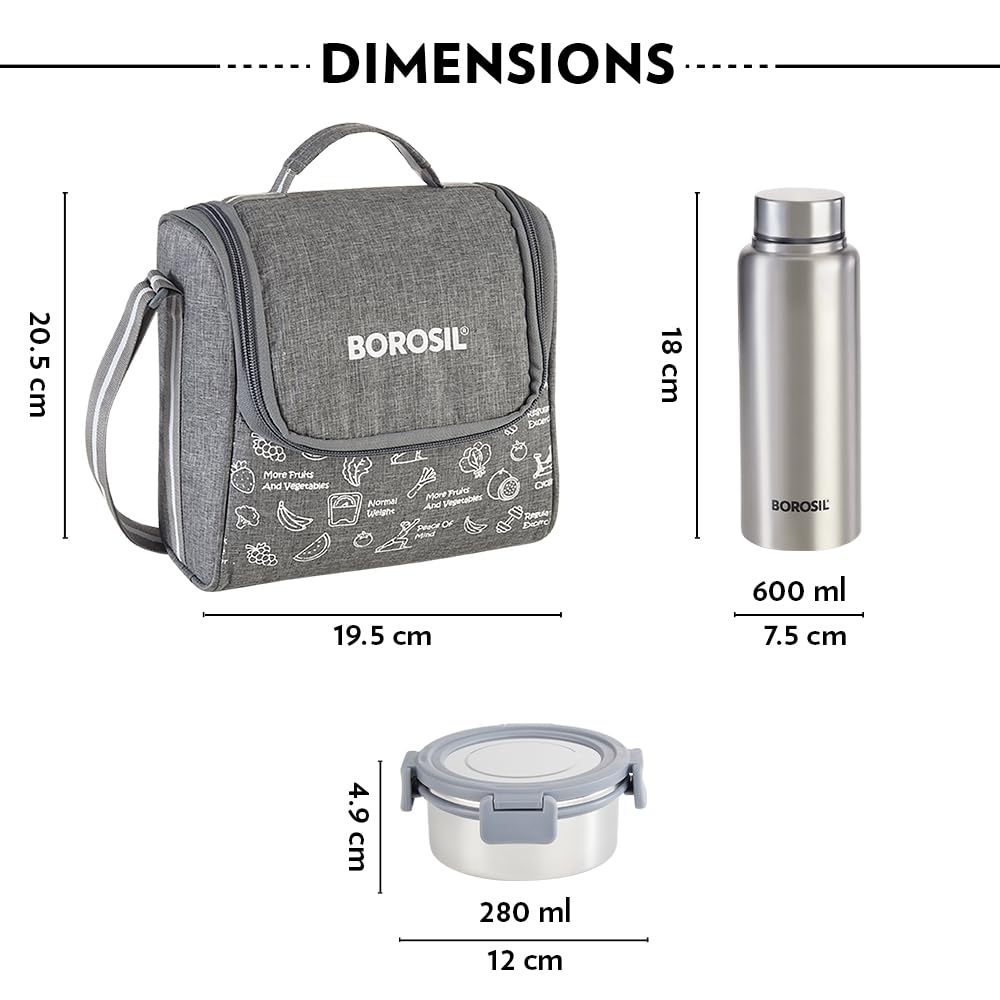 Borosil Slate Edelstahl Lunchbox mit Tasche | 3 Behälter (je 280 ml) + 1 Flasche (600 ml) | Einwandige Lunchbox mit Lebensmittelqualität Stahl | Auslaufsicher & Spülmaschinenfest | 1 Jahr Garantie |