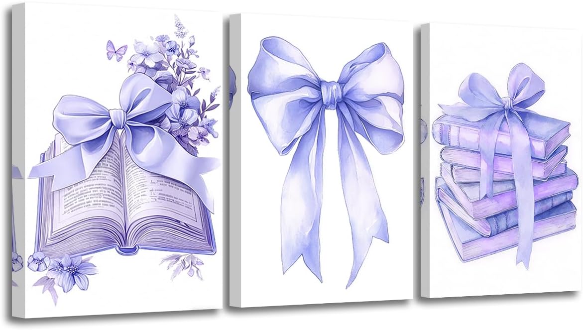 CXHOSTENT Bow Canvas Prints 3-Piece Bow Books Wall Picture Coquettish Preppy Style Aesthetic Picture for Girls' Room Wall Decoration 28.00 x 35.00 cm x 3 Pieces