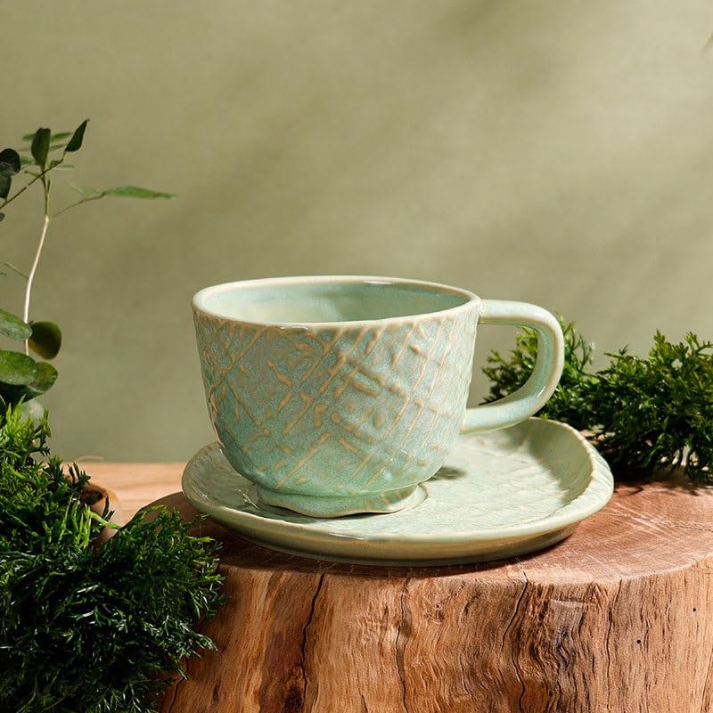 Porcelanowy kubek do kawy ze spodkiem, Tłoczony ceramiczny zestaw filiżanek do kawy i spodków Podwieczorek restauracja Zielony 15,4 x 7, cm