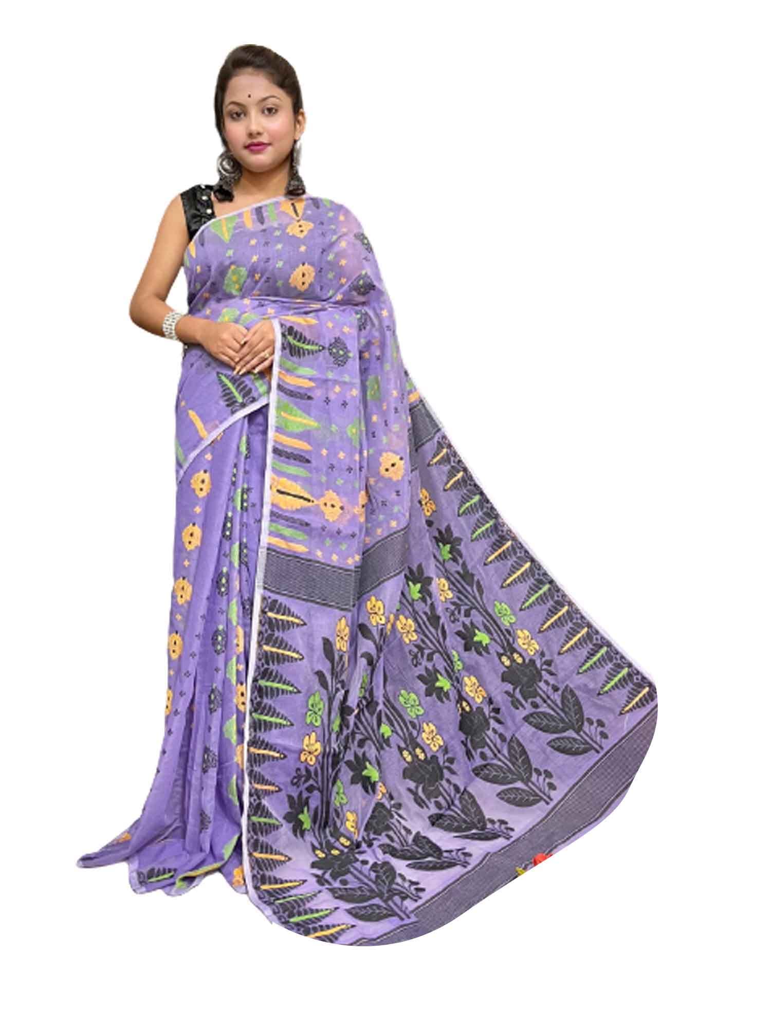 Sari Dhakai Jamdani de algodón indio multicolor de 5.5m para mujer 4