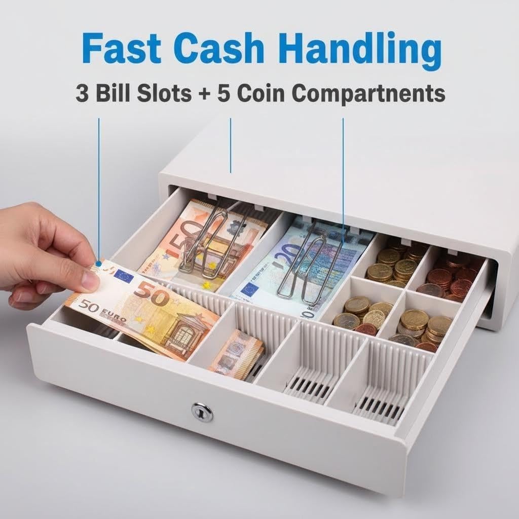 Moderno registratore di cassa commerciale, sistema POS elettronico con stampante termica integrata e cassetto contanti sicuro, 3 scomparti for banconote, 5 vassoi for monete
