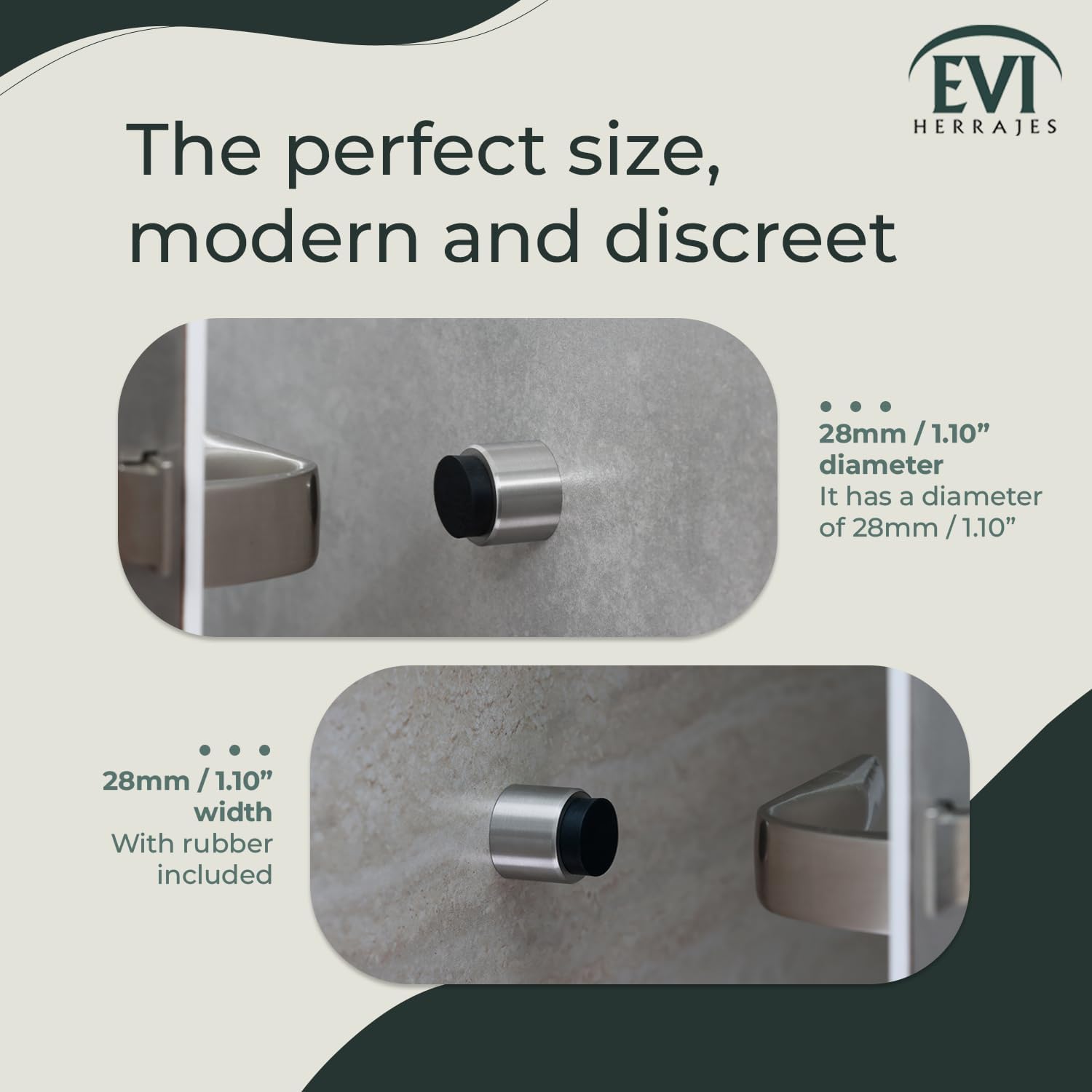 EVI Door Stoppers | Stainless Steel Door Handle Stopper - Adhesive and Screw Fastening - Black Protector Rubber - 1.1x1.1In Wall Doorstop