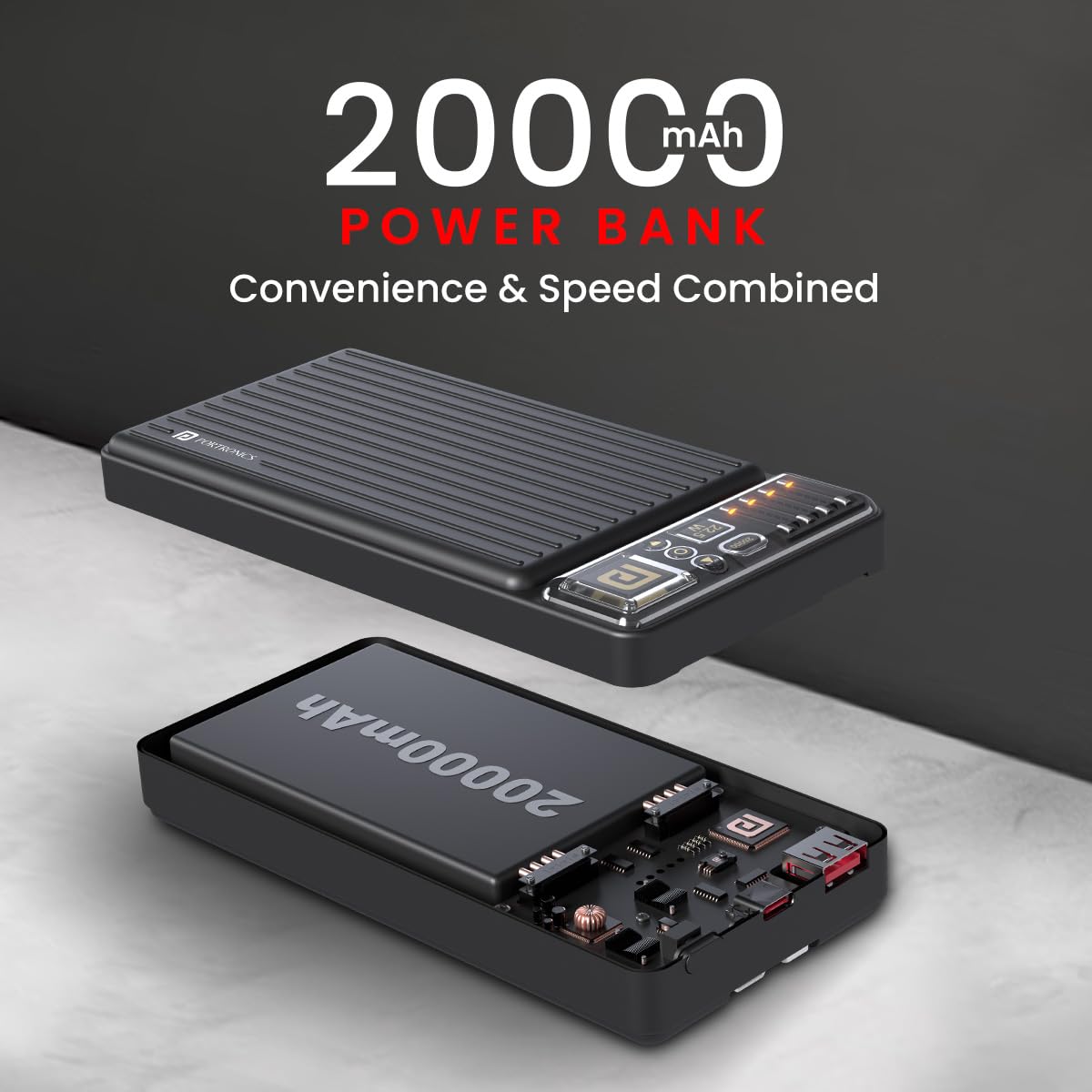 Portronics Luxcell Bind 20k 20000mAh Powerbank with 22.5W Fast Charging, in-Built Type C PD(Input & Output) /8 Pin Cable, LED Indicator, USB-A Mach Output, Compatible with Smartphones,Tablets(Black) — Amazon image 2
