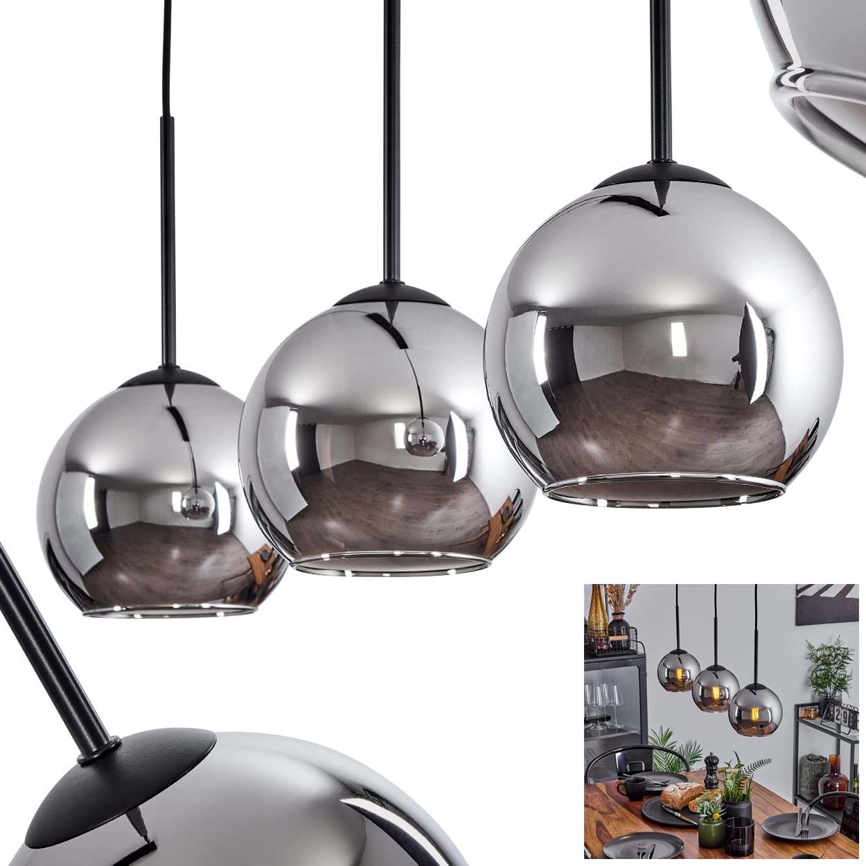 Koyoto Hanging lamp, Hanging lamp Made of Metal/Glass in Black/Chrome Colour, 3-Flame lamp in Vintage/Retro Design with Glass lampshades (Ø 15 cm), max. Height 147.5 cm, 3 x E27, Bulbs not Included
