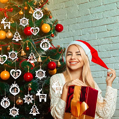 Idatoo Christmas Tree Ornaments Set Of 24 Wooden Craved Hanging Craft Decorations For Winter Wonderland, 3D Rustic Farmhouse Christmas Ornaments Holiday Decor For Christmas Tree Home Office (White) #TOP4