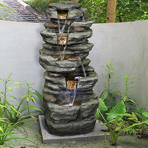 Image of SunJet 6-Tier Outdoor Water Fountain with LED Lights - 32.6inches Rock Water Fountains for Home Garden, Yard, Patio, Deck Decor - Soothing Tranquility Floor-Standing Waterfalls