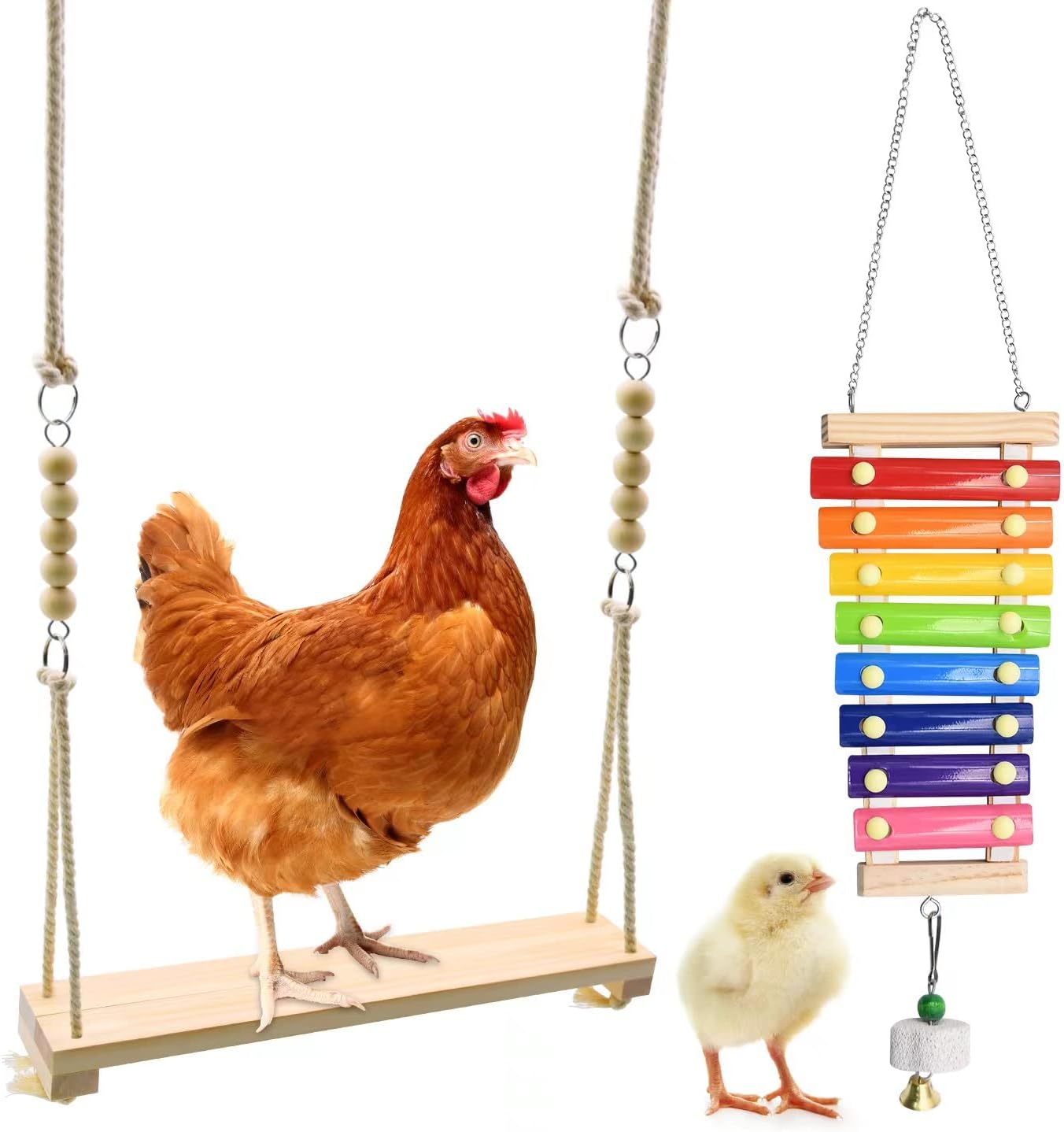 Swing Toys Xylophone, 2pcs Chicken Toys for Poultry Run, Rooster Hens Chicks Pet Parrots Macaw Entertainment, Stress Relief for Birds