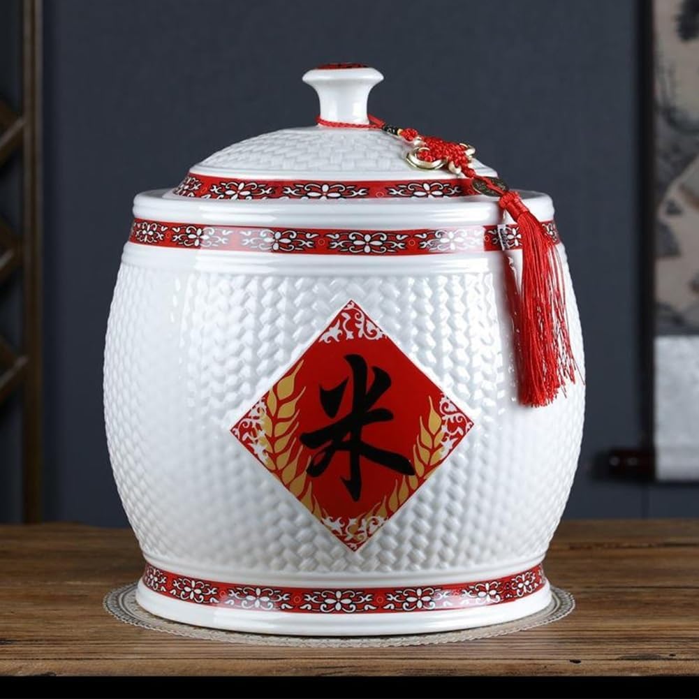 Ceramic Rice Storage Containe Large Rice Storage Box Chinese Rice Container with Lid Sealed Food Storage Bin for Kitchen Rice Jar for Rice Flour Soybean Grain(2.5KG)