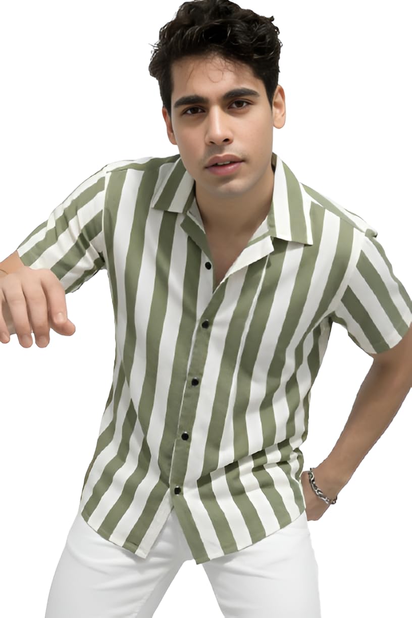 roughster trykar Modern Men’s Olive Green and White Vertical Stripe Shirt – Lightweight Short Sleeve Button-Down with Spread Collar, Tailored Fit, and Breathable Fabric-picture-42