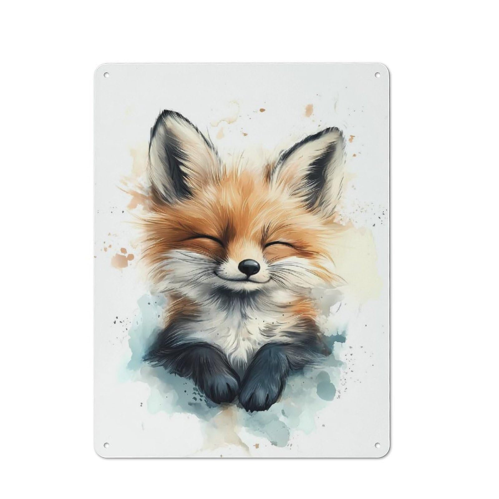 Junmoney Cute Smiling Fox Watercolor Metal Sign 40X30cm With For Home Bar Wall, Vintage Decor, Wall Decoration For Home Bars And Entertaining Spaces