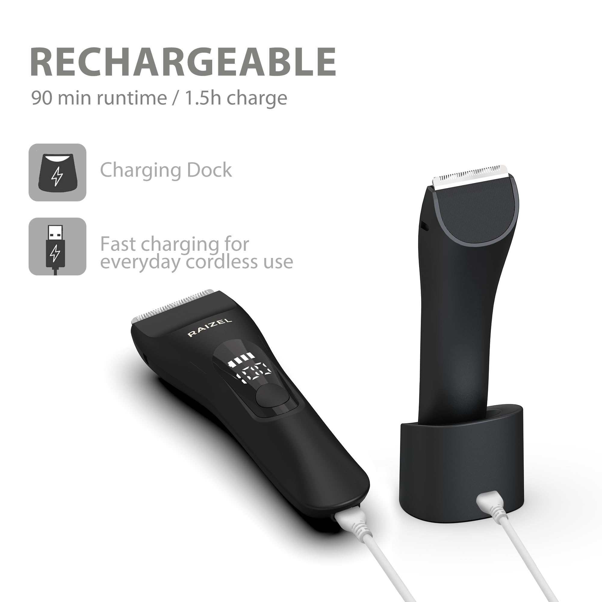 RAIZEL Tondeuse électrique pour homme et femme, tondeuse étanche pour l'aine et le bikini, rasoir sans fil humide/sec avec station de charge USB
