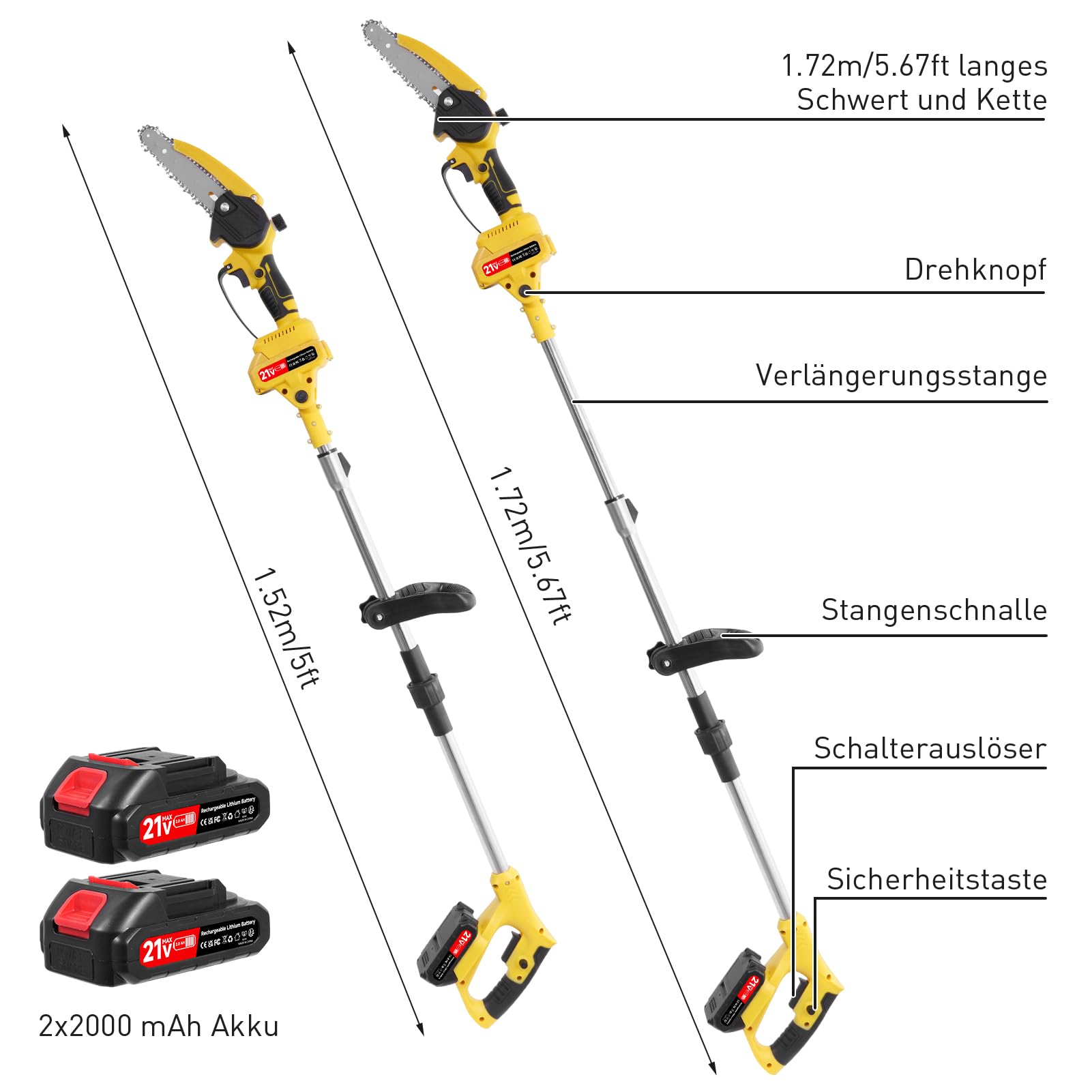 2-in-1 Akku-Astschere & Hochentaster mit Teleskopstiel – 21V,2x2000mAh,2600W – ausziehbar bis 1,72m,Edelstahl+ABS – multifunktionales Astsäge-Set für Baumschnitt,Heckenschnitt & Gartenpflege.