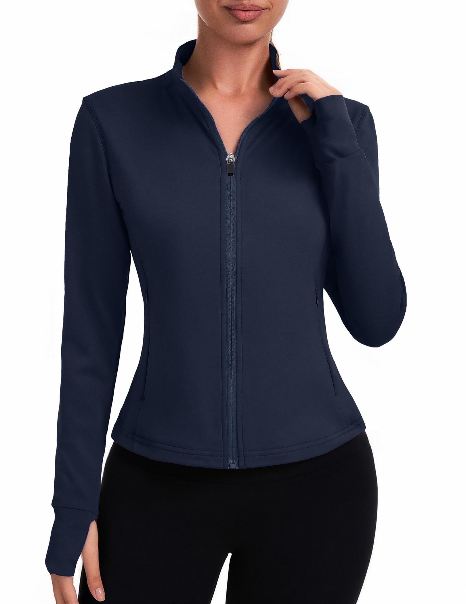 PINSPARK Sportjack voor dames met doorlopende ritssluiting, korte smalle hardloopjas met duimgaten, sportkleding met lange mouwen en zakken met ritssluiting, wit, S