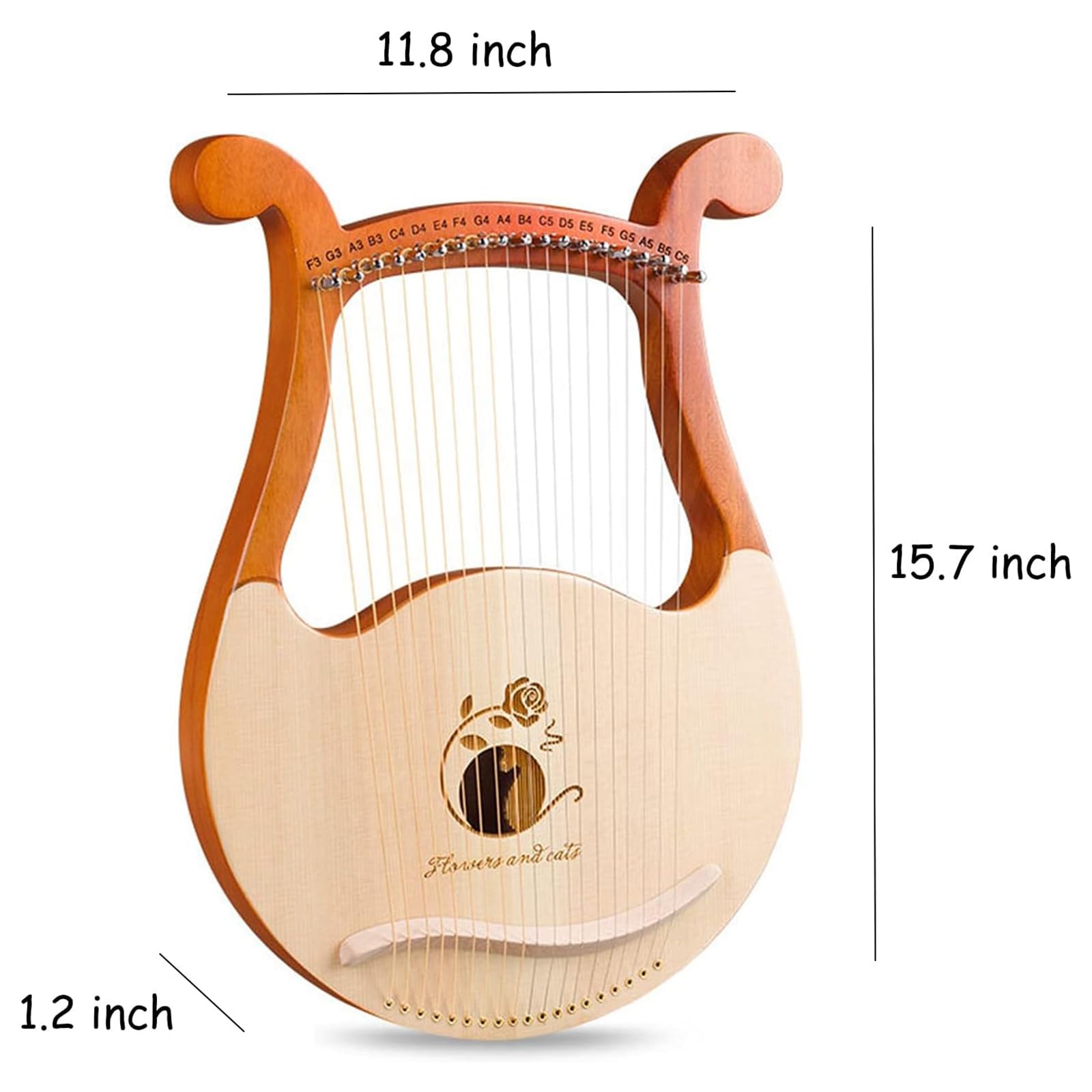 Arpa a lira, strumento musicale portatile a 19 corde, note incise, fori per il suono traforati, corde di ricambio e custodia