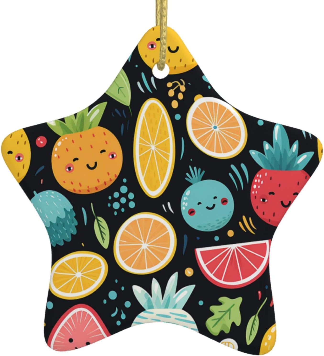 Christmas Ornaments Ceramic Star Shaped Christmas Hanging Ornament Double-Sided Cute Fruit Print Christmas Tree Pendants for Xmas Tree Fireplace Party Holiday Wedding