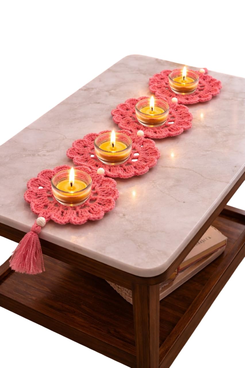 Handmade Woolen Diya Mat Table Runner | Crochet Pooja Mat for Mandir & Festive Decoration | Decorative Diya Holder Base for Home, Table & Diwali Décor-Peach-image-29