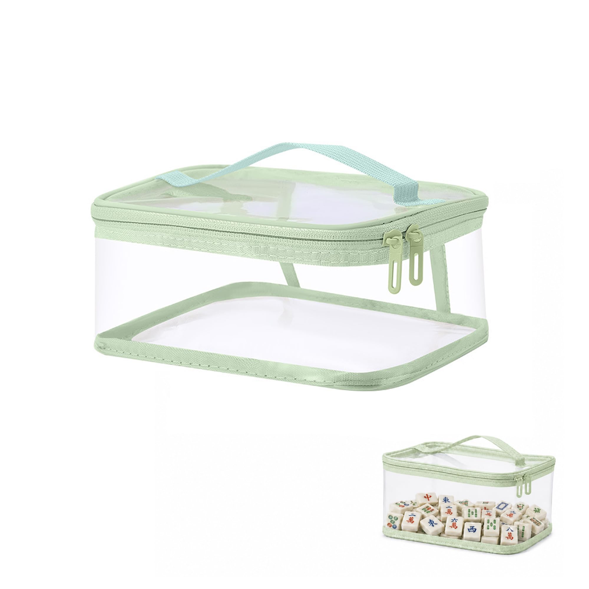 Mahjong Tile Bag, Waterproof Clear Mahjong Storage with Handle (Green)