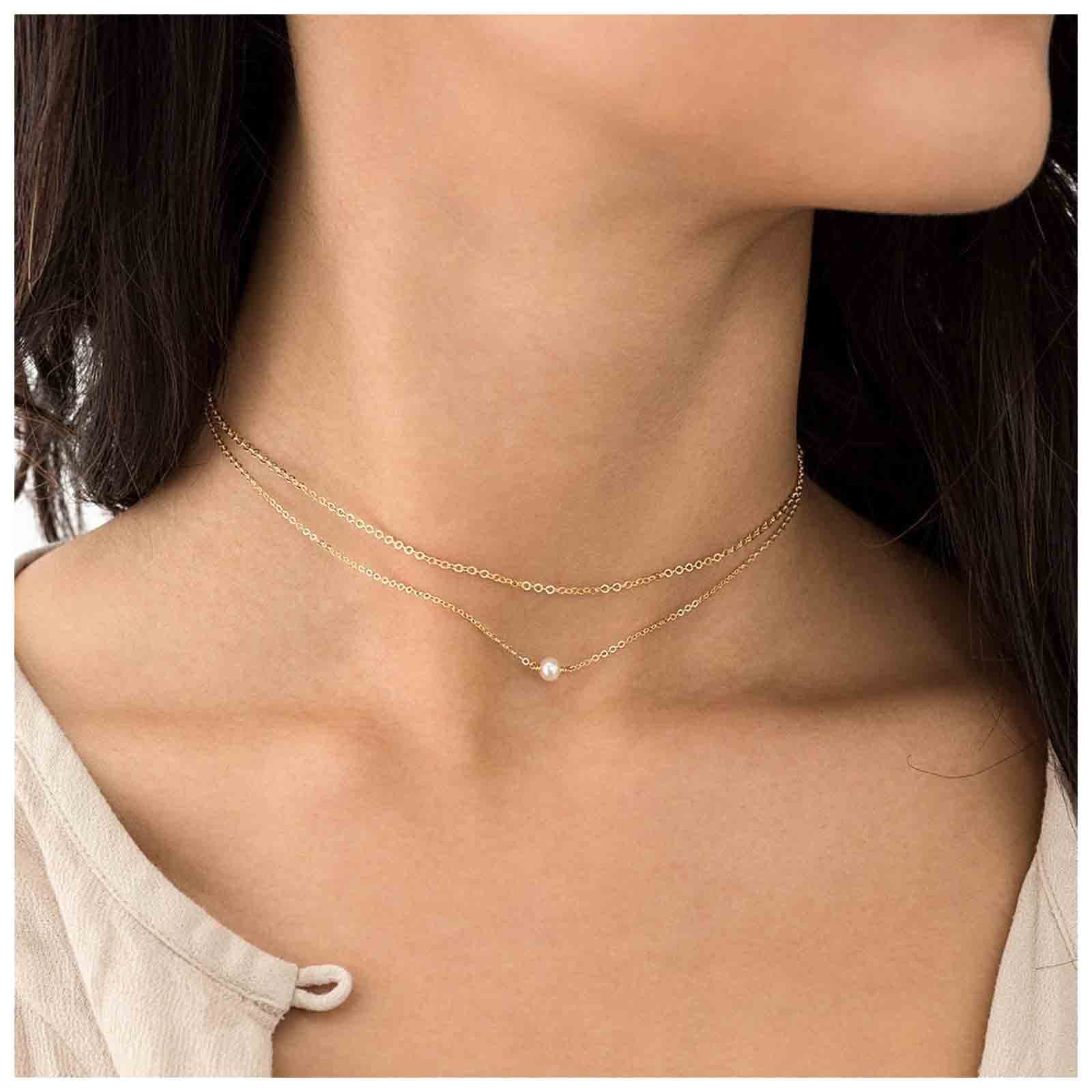 YheakneBoho - Gargantilla de perlas en capas, collar con colgante de perlas doradas, collar con capas de puntos pequeños, collar vintage, cadena, joyería para mujeres y niñas, regalos
