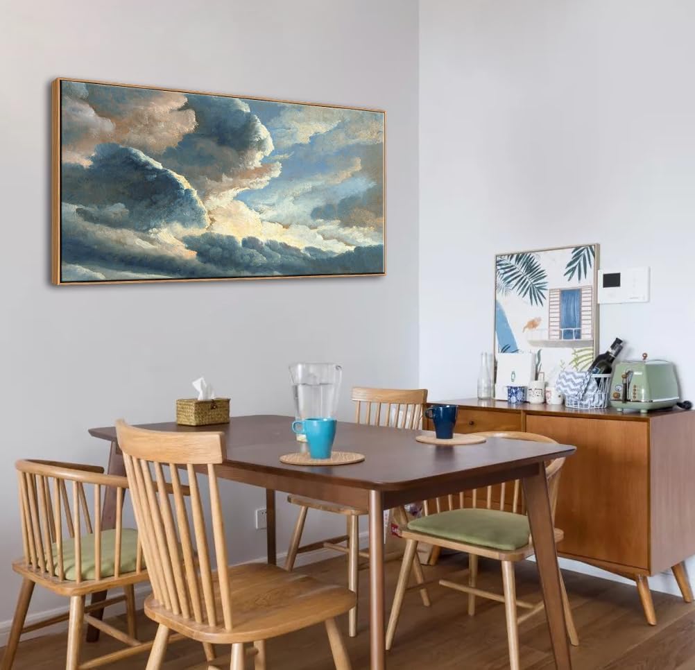 Vintage Landscape Wall Art - Large Framed Sunset Clouds Canvas Print, Farmhouse Natural Scenery Painting for Living Room, Bedroom, Bathroom Decor 20"x40"