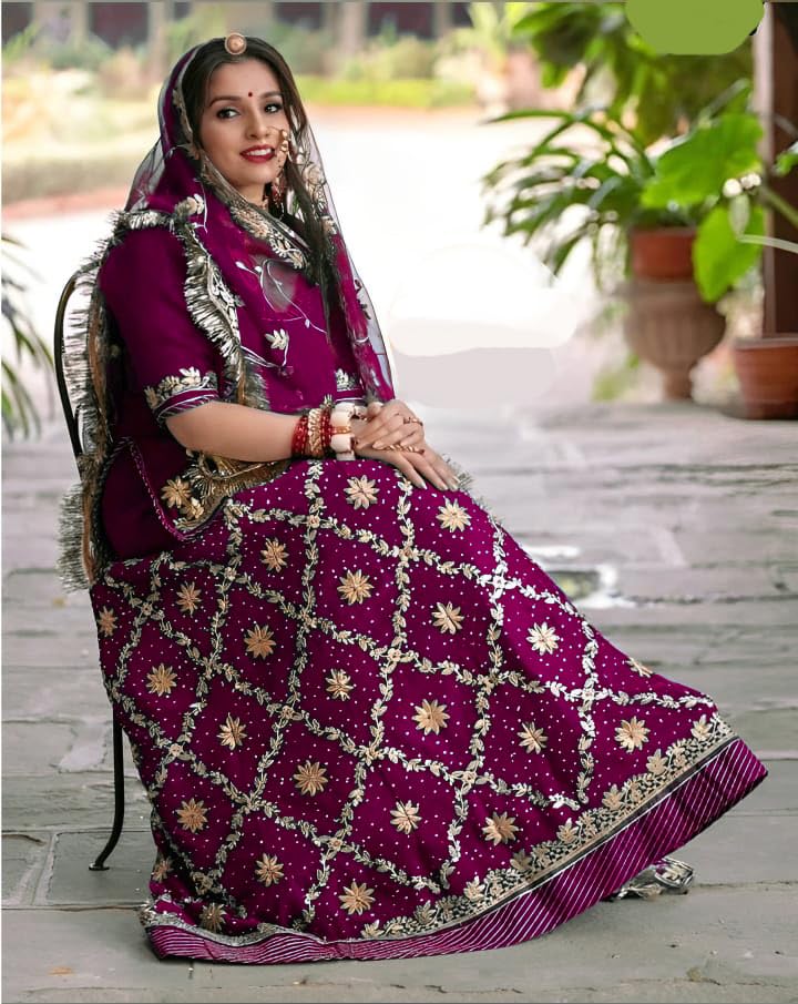 Image of Heavy Embroidery Work Semi Stitched Shimmer Silk Rajputi Poshak For Women Rajasthani Lehenga Choli