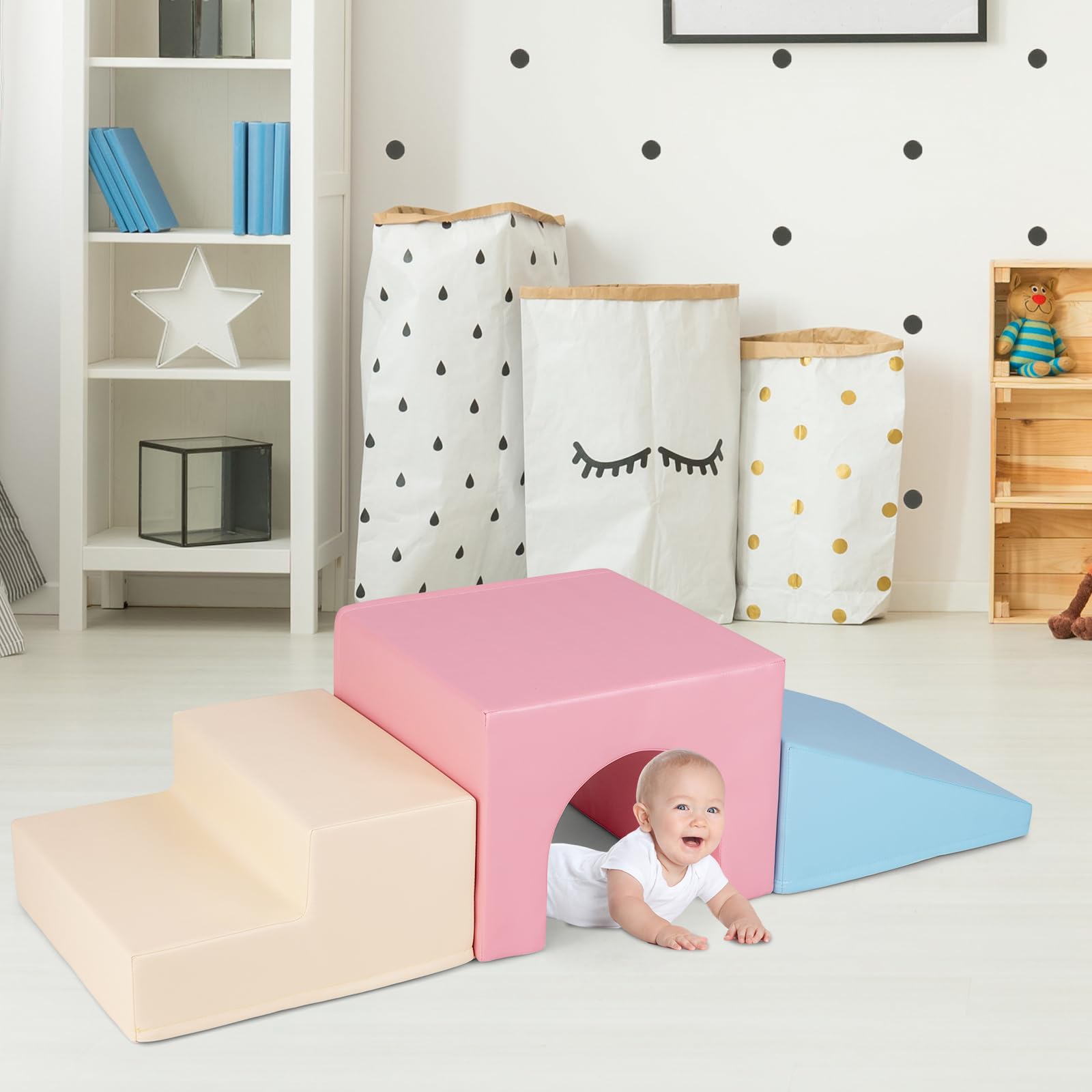 COSTWAY 4 PCS Parcours Motricité Bébé en Mousse avec Housse Amovible en PU, Module Motricité Bébé avec Toboggan & Différentes Formes, Jouets Éducatifs Colorée pour Grimper Ramper (Rose+Beige)