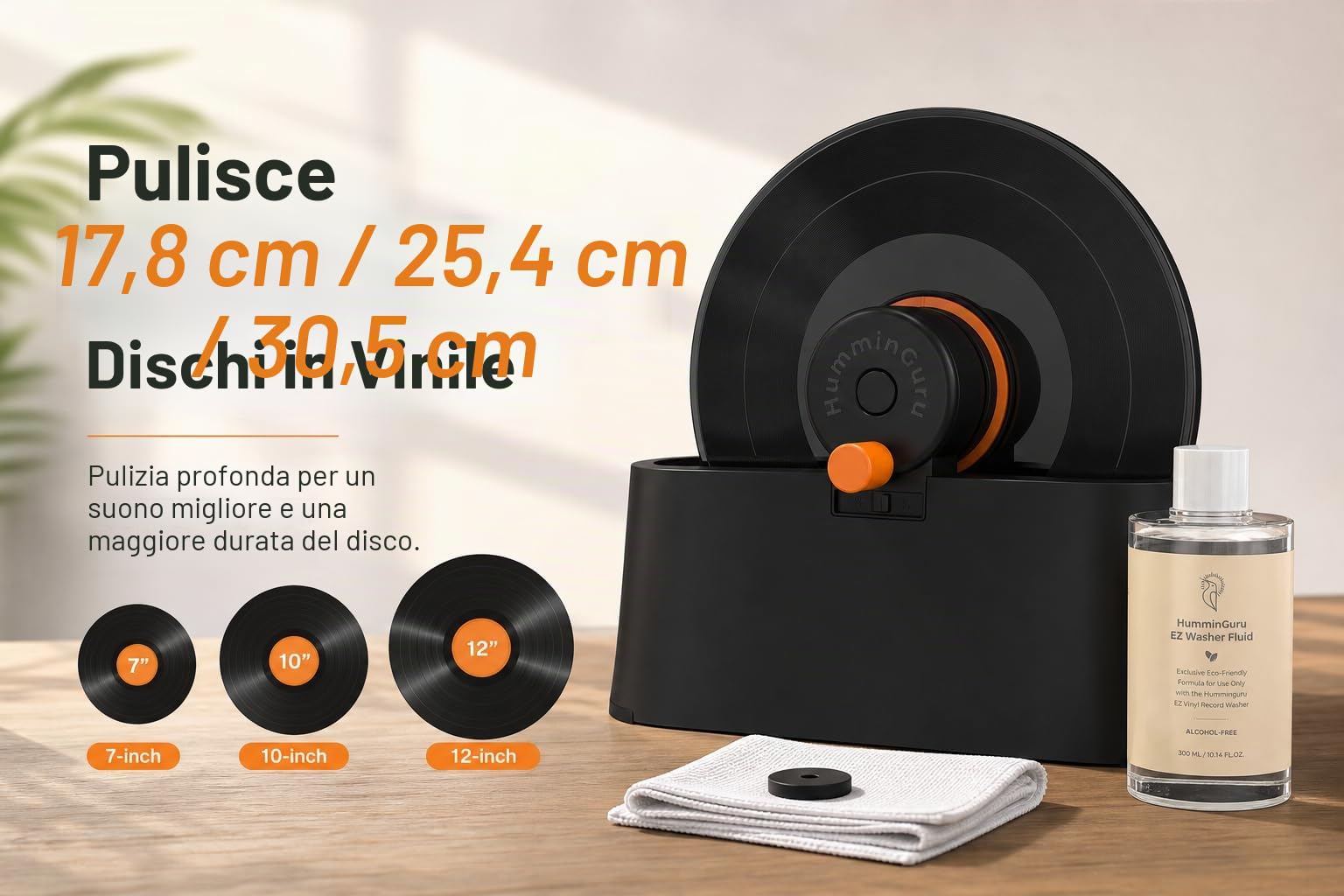 HumminGuru EZ Lavatrice per Dischi, Macchina Manuale per la Pulizia dei Dischi in Vinile con Rotazione Senza Sforzo LP e Morsetto Sicuro, Kit di Pulizia con Spazzole di Capra,Liquido,Stendino e Panno