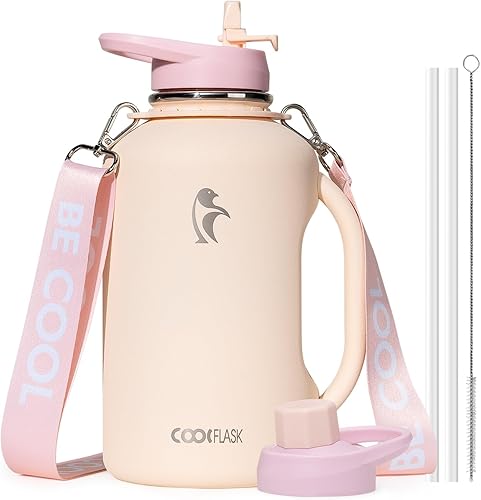 Miniatura 11 de Coolflask Botella de agua de medio galón con asa, jarra de agua aislada de 64 onzas de acero inoxidable con doble pared al vacío, gran frasco con