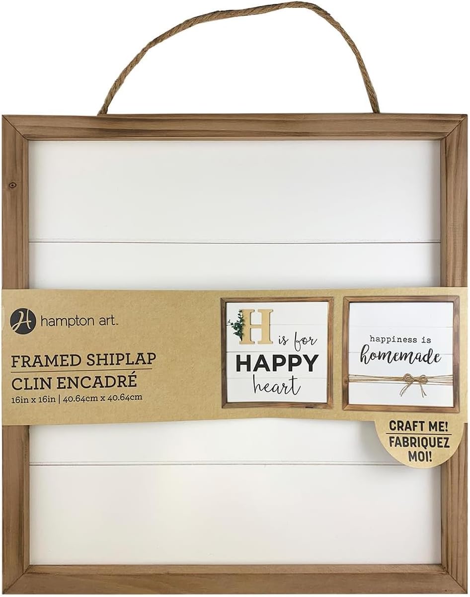Hampton Art Framed Shiplap Wood Sign, Blank, 16x16 Inch, White Shiplap Panel, Rustic Wood Frame, Jute Hanger, DIY Home Decor Sign for Paint, Stencils, Vinyl