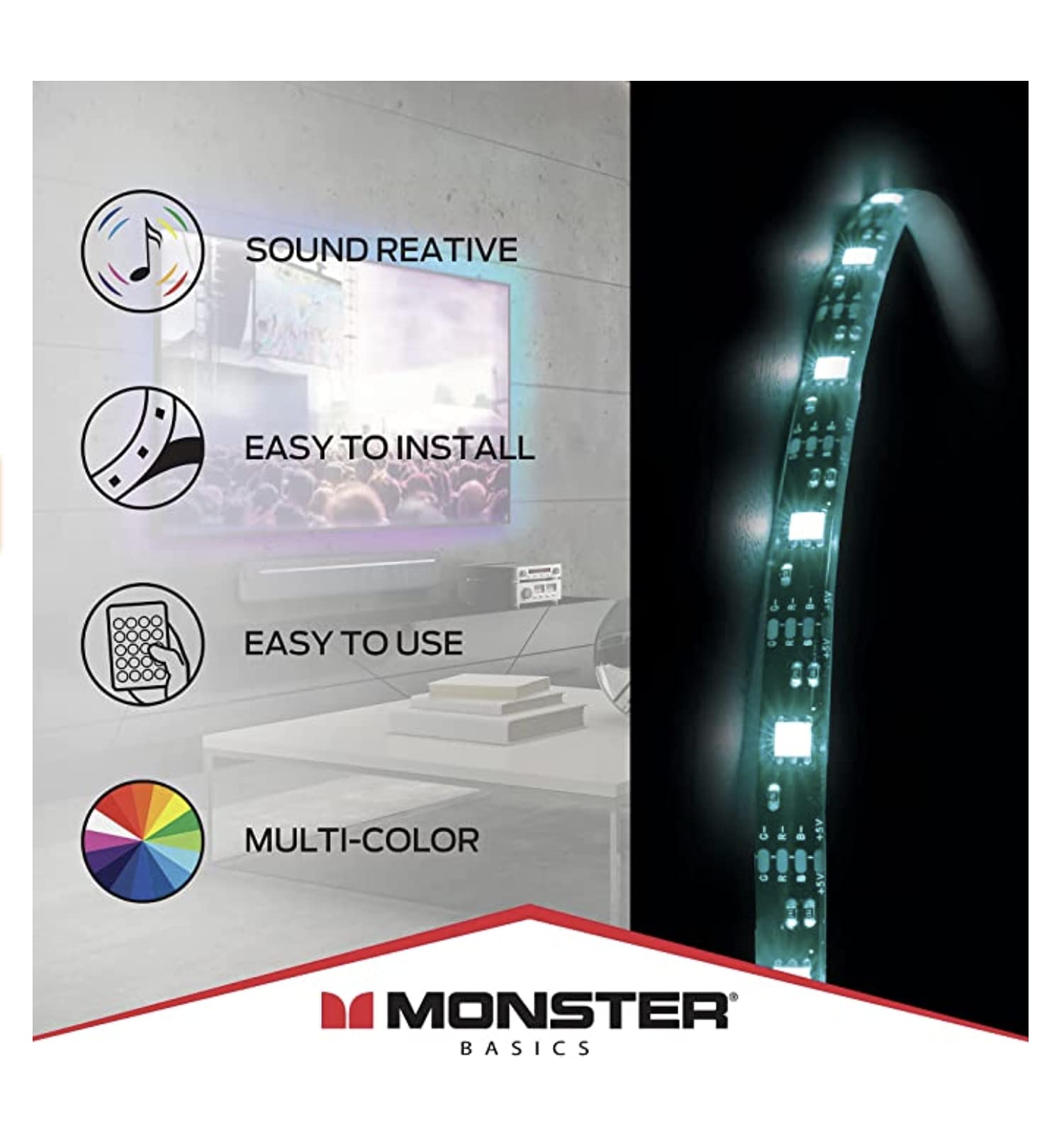 Amazon.com: Monster 6.5 ft Multi-Color Sound Reactive LED Light Strip,  Smooth Fit to Any Space, TVs, Computers, Kitchens, Bedrooms, Customizable  Settings, Remote Control, USB-Powered, Easy DIY Installation : Tools & Home  Improvement