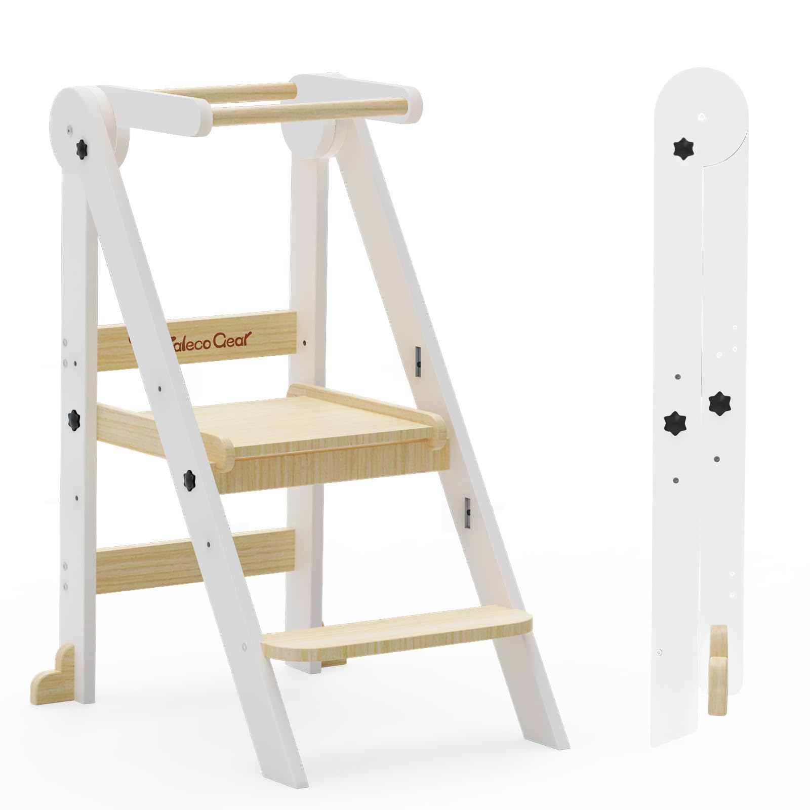 Taleco Gear Foldable Toddler Kitchen Stool Helper, 3 Adjustable Heights Wooden Kids Helper Tower - Collapsible Toddler Stool for Bathroom & Kitchen