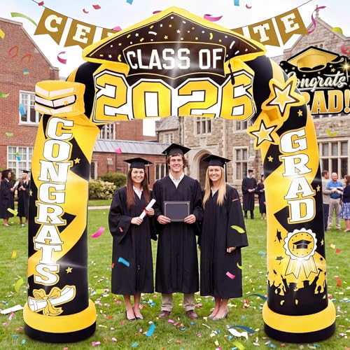 Hollowfly 8 ft Class of 2026 Graduation Inflatable Arch Outdoor Decorations Black and Gold Congrats Grad Blow up Inflatable Archway with LED Lights for Yard Lawn Graduation Party Photo Props Decor