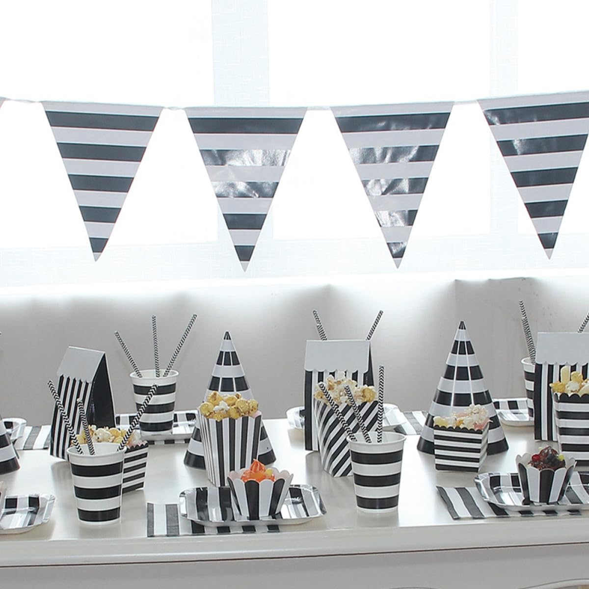 CAXUSD 36pcs Striped Paper Popcorn Boxes for โ Party Snacks, Square Black and White Favor Containers for Movie Night, Snack Serving and Treat Packaging