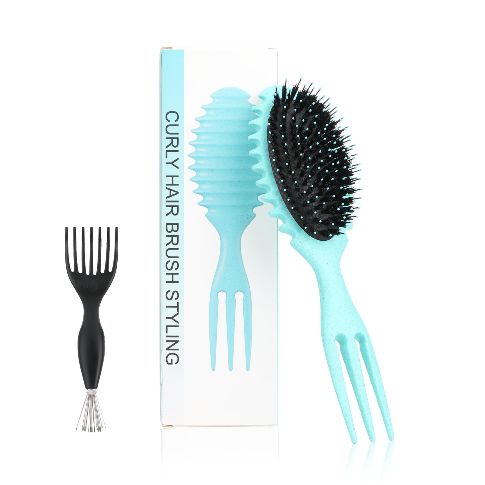 Cepillo de definición de rizos verdes para cabello rizado, cepillo de peinado y desenredante con peine para cabello rizado; incluye herramienta de peinado adicional; fibra vegana y cerdas de jabalí