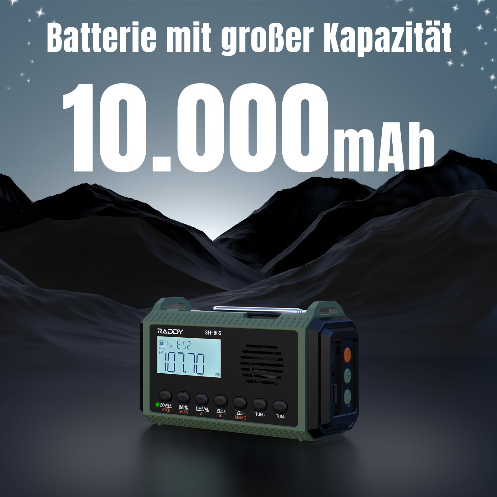 [10.000-mAh-Akku] Raddy SH-905 Notfallradio, Handkurbel, Solar, AM/FM/SW/NOAA-Wetterwarnung, tragbares Wetterradio mit Taschen- & Leselampe, SOS, Batterie-Backup für Stromausfall & Camping