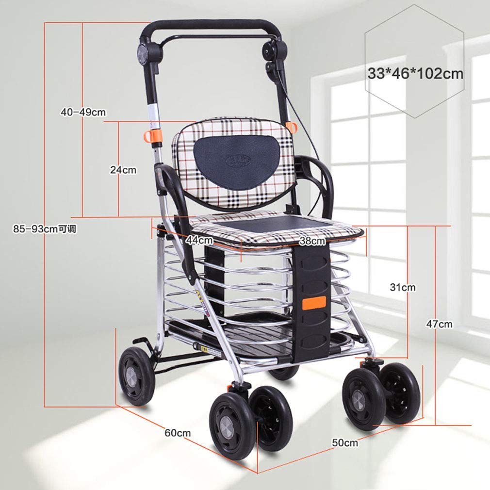 Carrito de Compras para Personas Mayores con Canasta de Almacenamiento | Andador Plegable con 6 Ruedas y Asiento, Frenos bloqueables, con Tira Reflectante Nocturna, Silla de Descanso de tran