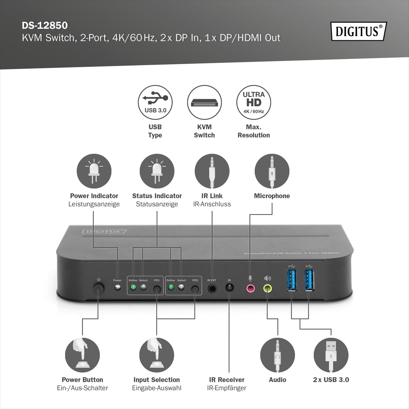 DIGITUS 2-Port KVM-Switch - 2X DP-1x DP/HDMI 2.0 Out - Single-Display - UHD 4K@60-Hz - USB/Audio, 2X USB 3.0, HDCP 2.2, DS-12850