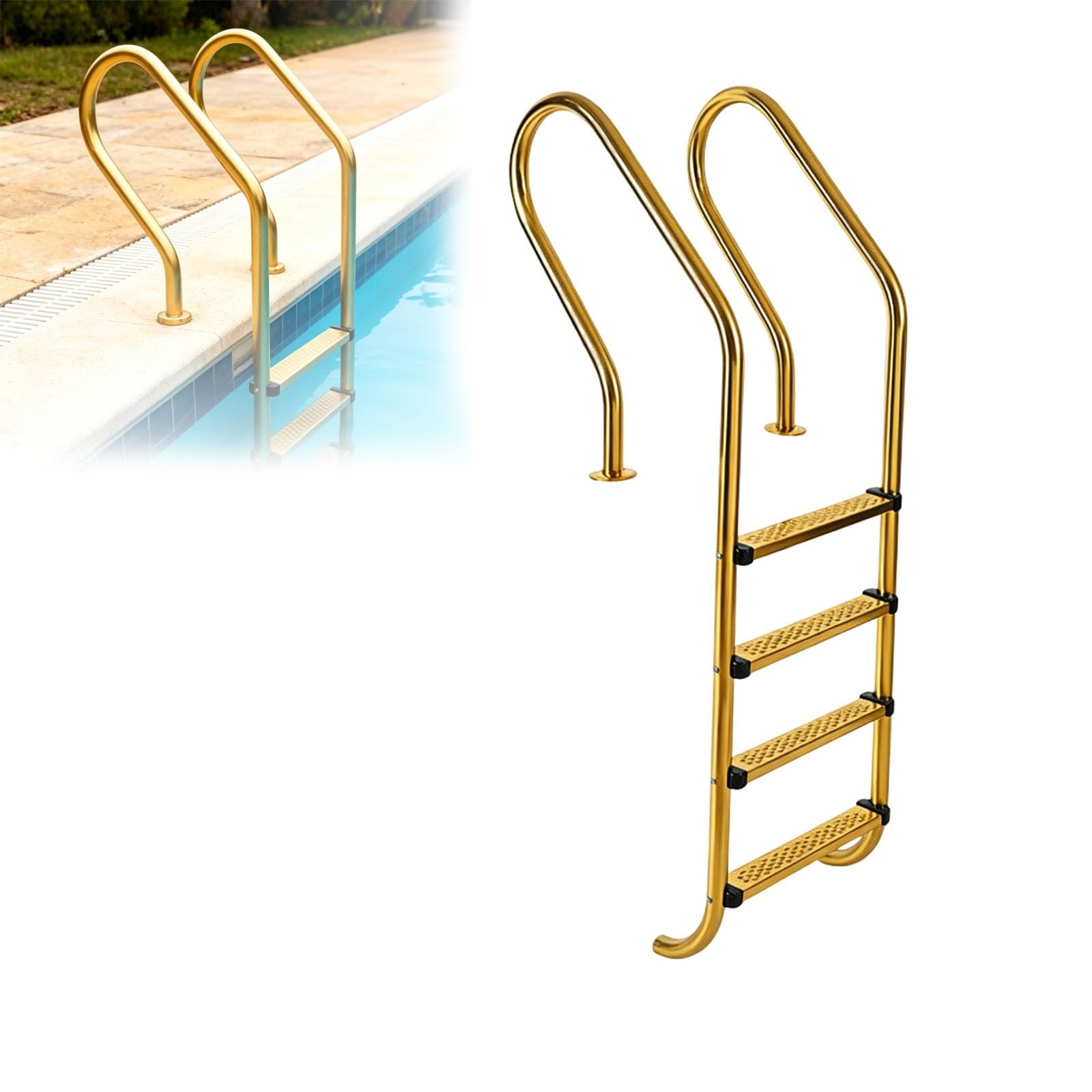 Escalera de 4 peldaños para Piscina con Superficie Antideslizante | Acero inoxidable 304, para piscinas interiores y exteriores; fácil de montar y de usar(Gold)