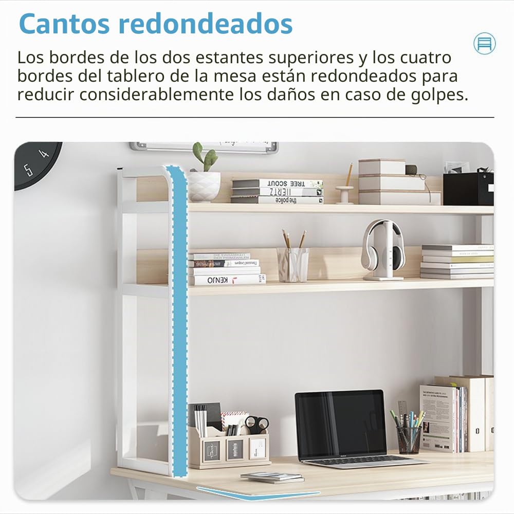 Escritorio de 80 x 50 cm, escritorio de ordenador de 4 niveles con espacio de almacenamiento, mesa de PC para oficina en casa, estudio, dormitorio, blanco y beis claro
