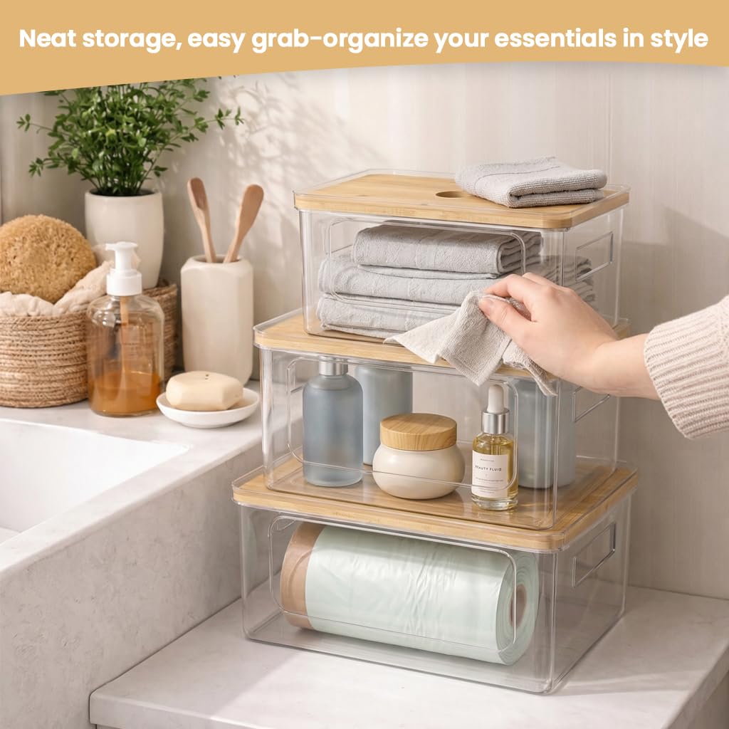 Trash Bag Dispenser with Anti-Slip Pads - Stackable Garbage Bag Dispenser with Bamboo Lid and Anti-Slip Bottom, Laundry Room, Pantry, Under Sink Organizer and Storage (XL+M+S)