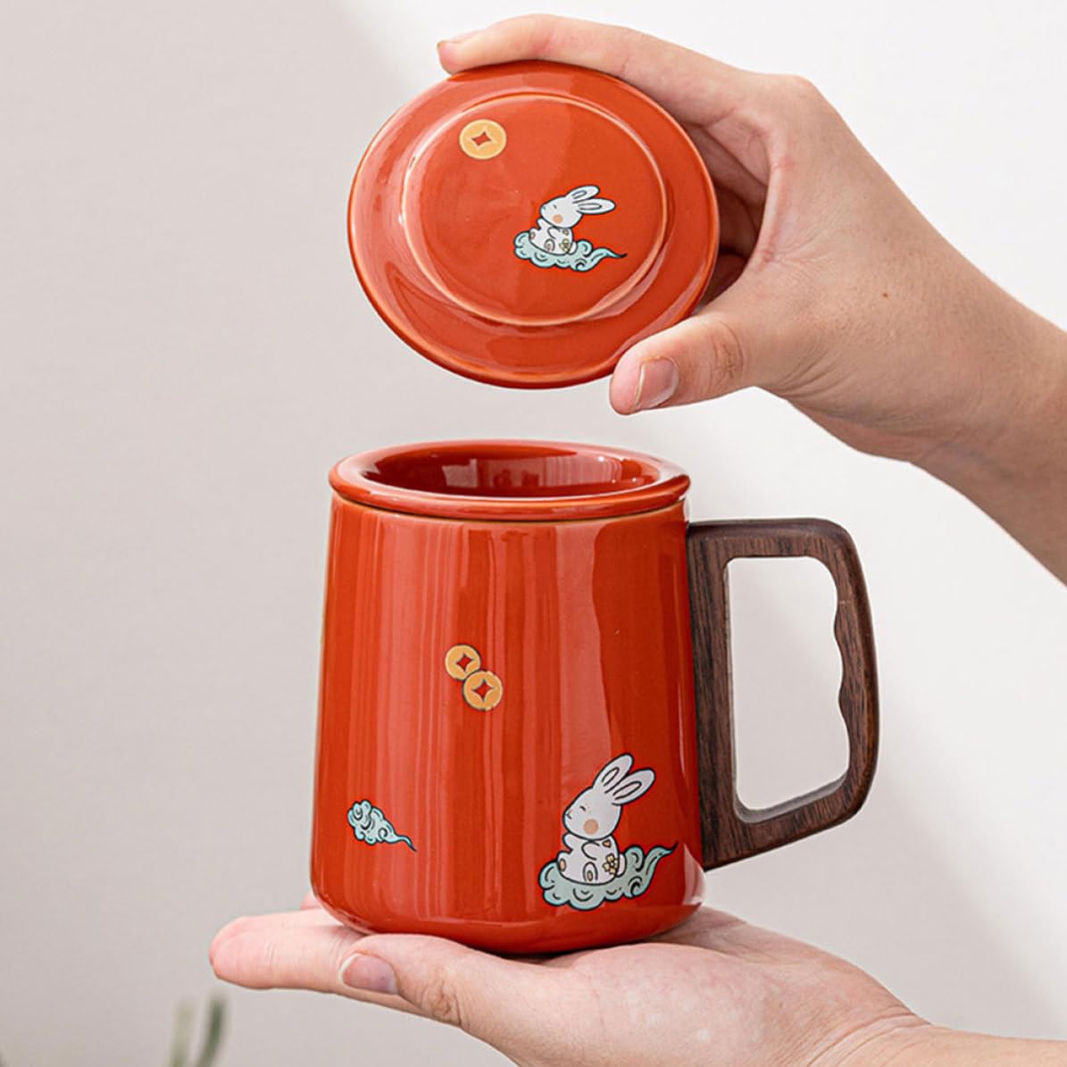 jojofuny Taza de Cerámica con Infusor y Tapa de Madera para Té de 400ml con Diseño Ergonómico y Asa Cómoda Adecuado para Oficina y Hogar