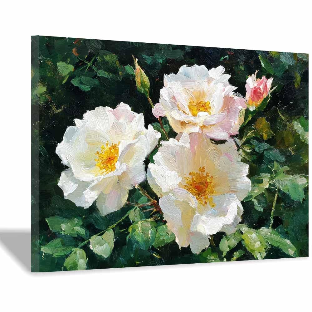 Xeniou Multicolor Flowers Wall Canvas White Ros Floral Oil Art Canvas Wall Art, For Living Room Bedroom Restaurant Home Office Wall Decoration(Multicolor)-70X100cm Framed