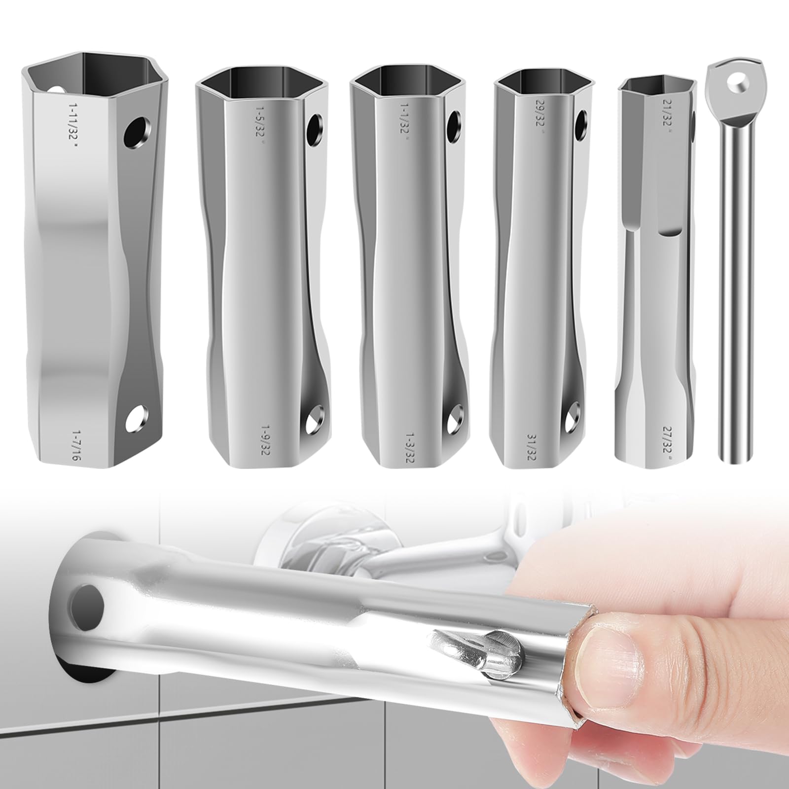 Swpeet 7-Piece Shower Valve Socket Wrench Set – Stainless Steel, 6 Double-Ended Sizes + Adjustable Wrench, For Tub & Shower Valves