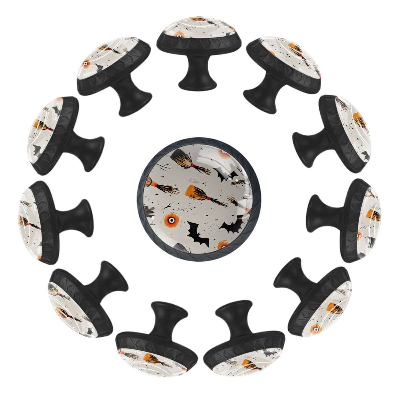 IROLSKDNFH 12 Pieces Seamless Halloween Brooms Flying Eyes Bats Glass Knobs for Dresser Drawers, 1.37 x 1.10 in Round Kitchen Cabinet Pulls for Home Office Nursery Kids Room