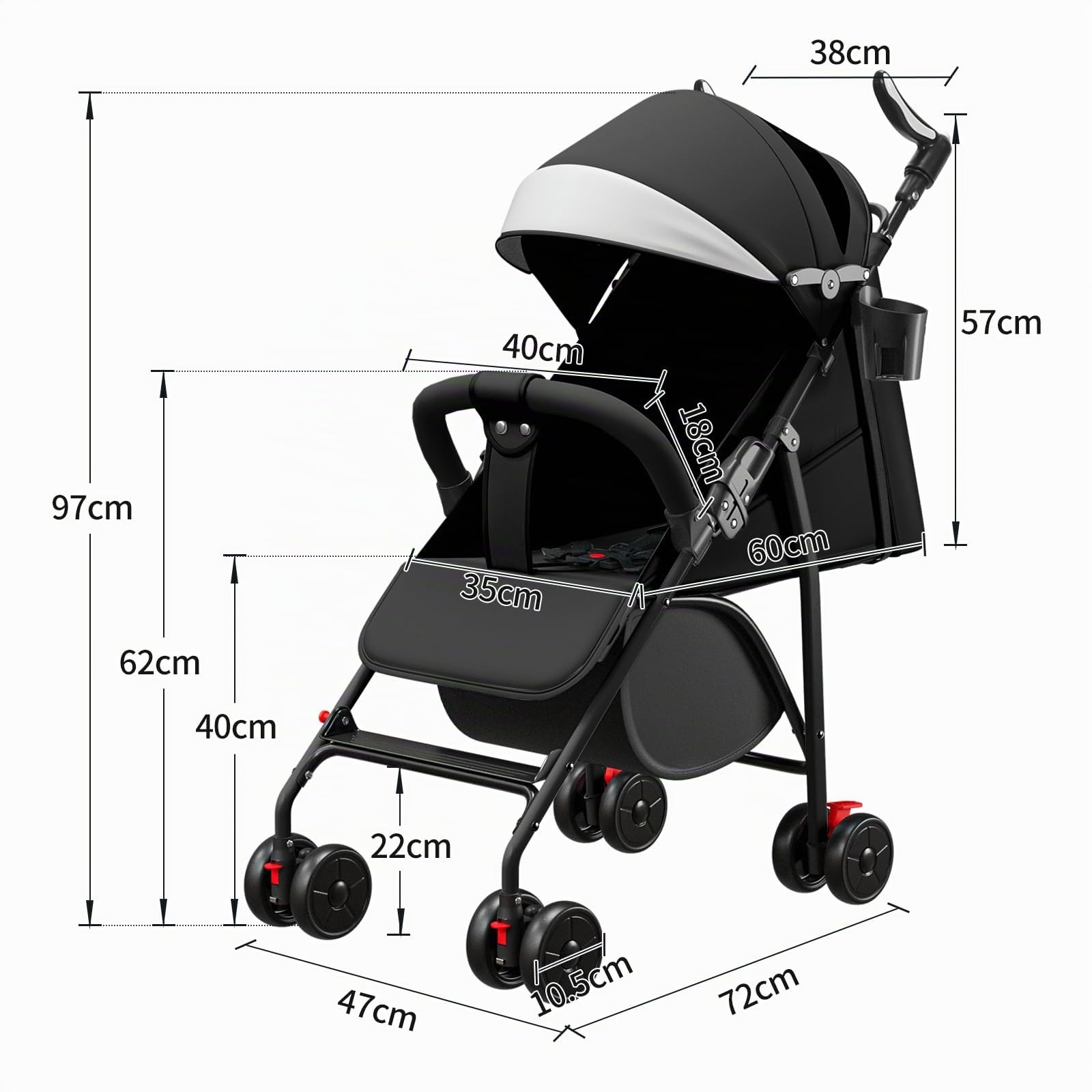 Cochecito de 4 ruedas, hasta 25 kg, capota grande, plegado compacto, respaldo reclinable, manillar ajustable en altura, ruedas grandes todo -A-negro